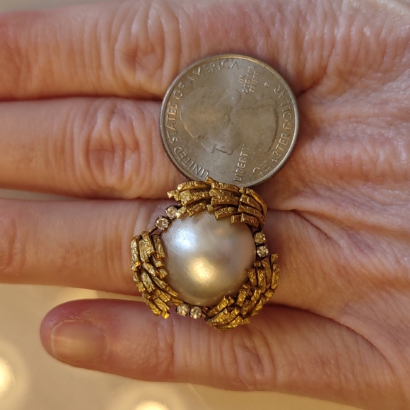 Mabe pearl 18kt Yellow Gold Ring, diamonds, estate Ring vintage - Picture 16 of 16